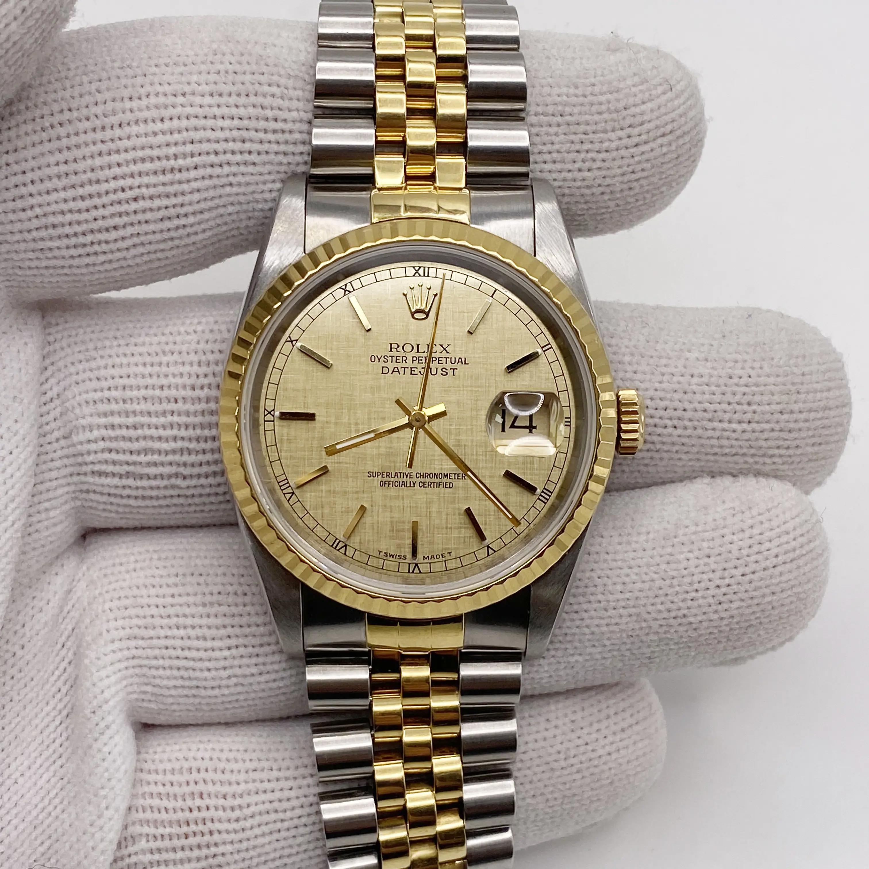 Rolex Datejust 36mm No Holes 18k Gold Steel Champagne Linen Dial Watch 16233