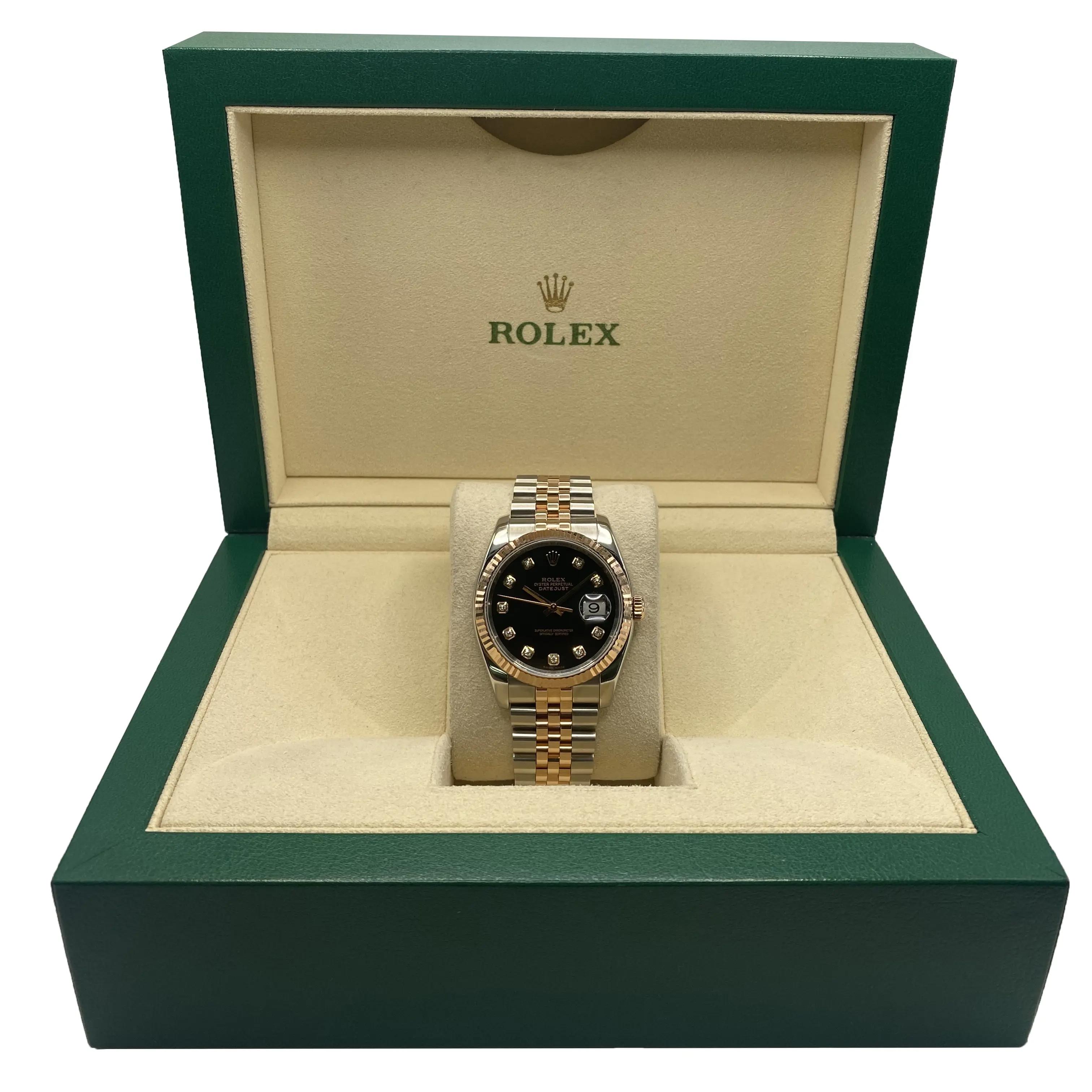 Rolex Datejust 116231 36MM 18k Rose Gold Steel Diamond Black Dial Mens Watch 