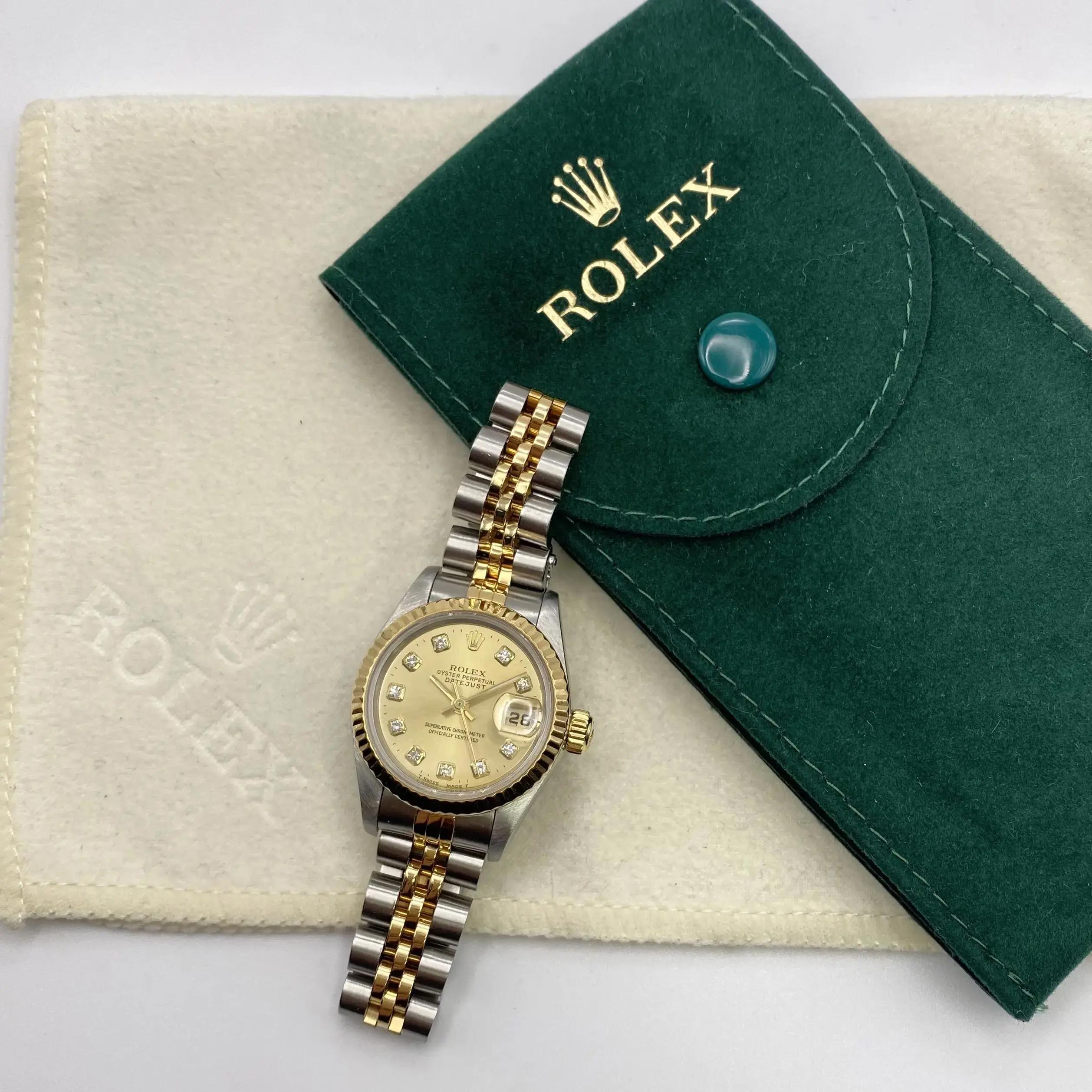 Rolex Datejust 26mm 18K Gold Steel No Holes Diamond Dial Ladies Watch 69173 B&P