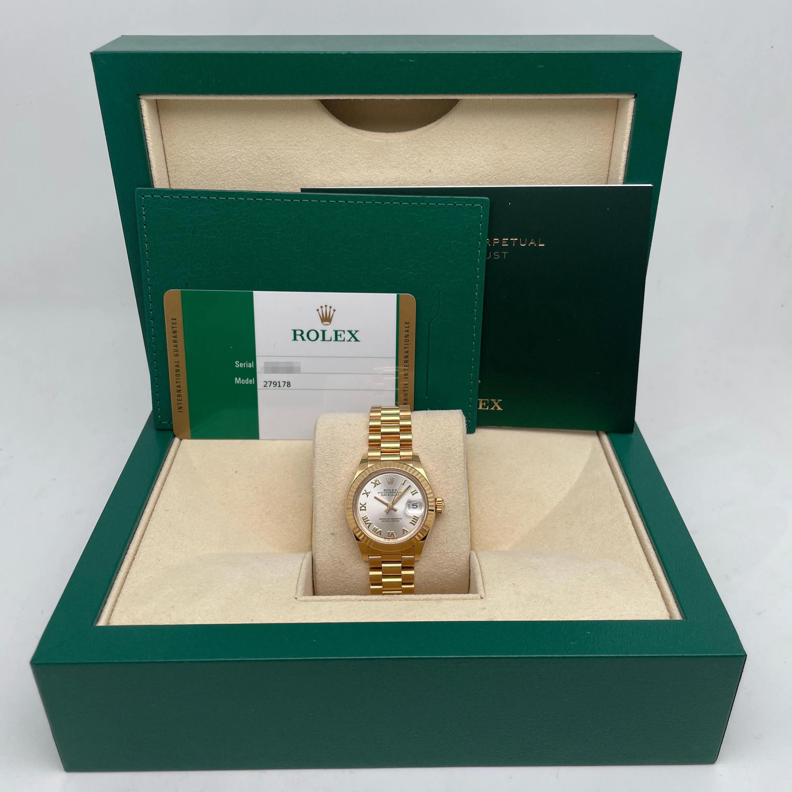 Rolex Datejust 28 279178 18K Yellow Gold Silver Roman Dial Ladies Watch B&P